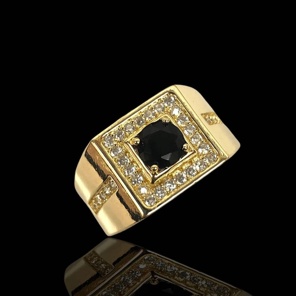 LAMINATED Gold Mens BLUE Stone Signet Ring Square Halo Clear Crystal  Size 11